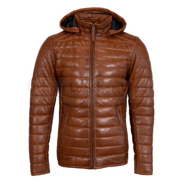 Two-Tone Genuine Leather Hooded Down Jacket (Coffee color)