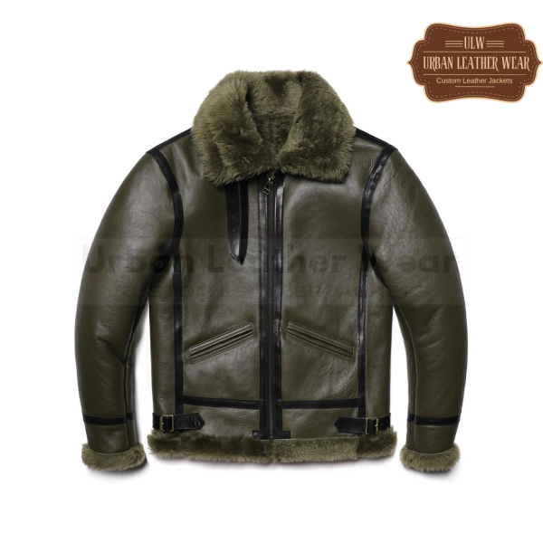 B3 RAF Bomber Shearling Leather Jacket (Olive Green)