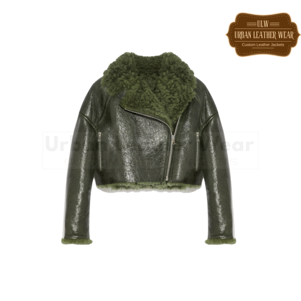 Olive Green Shearling Cropped Bomber Jacket Women