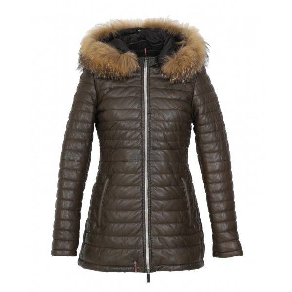 Women's Genuine Leather Long Down Jacket (Brown)