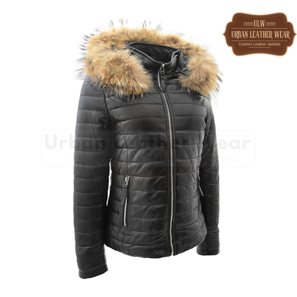 Real leather puffer jacket fully quilted removable hood black