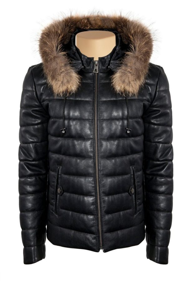 Women Puffer leather jacket with fur hoodie