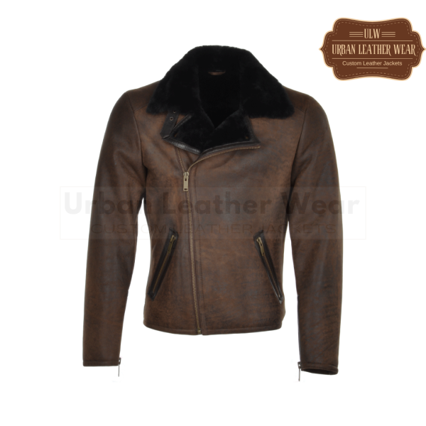 Men Side Zip Biker Pilot  Shearling Jacket Brown