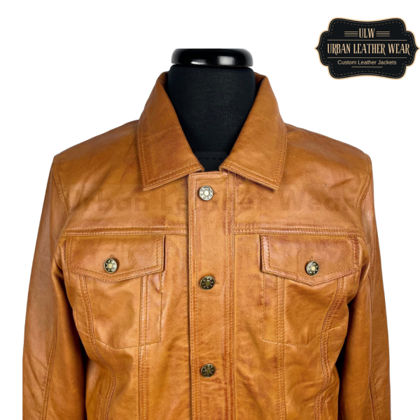 Men Tan Leather Trucker Jacket Denim Style