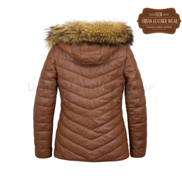 Women cognac leather padded coat - Image 2