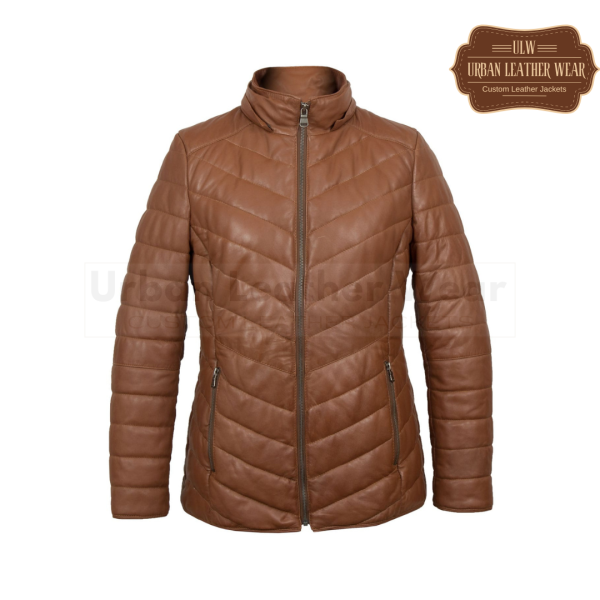 Women cognac leather padded coat