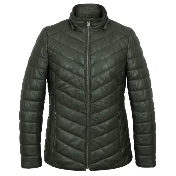 Women green leather padded coat with hood