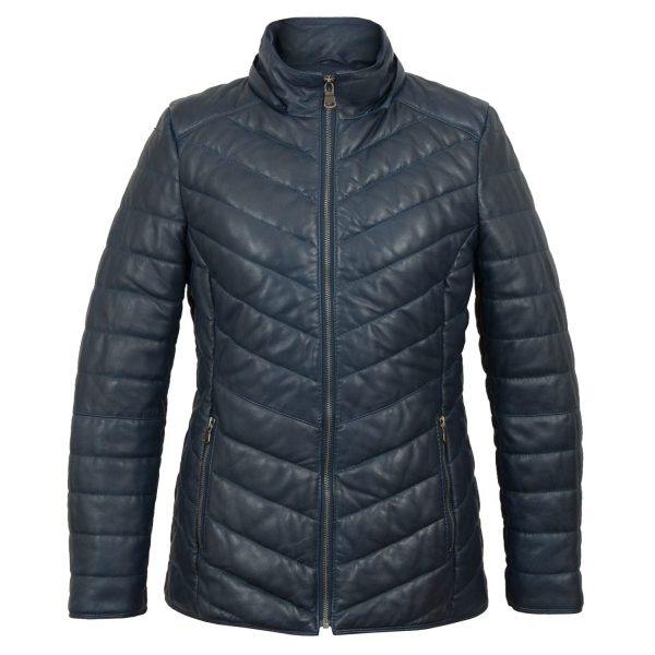 Women navy leather padded coat with hood