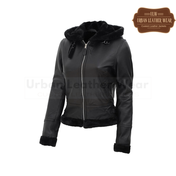 Women Black Leather Aviator B3 Bomber Shearling Jacket