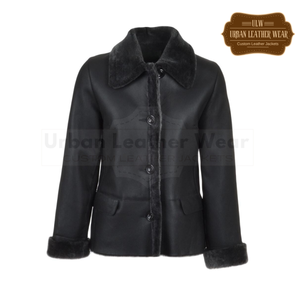 Women 3 Button Suede Black Leather Fur Trim Jacket