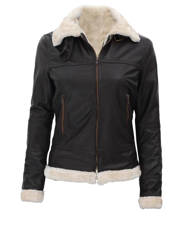 Women Brown Leather B3 Shearling Bomber Leather Jacket