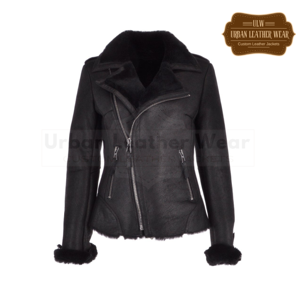 Women shearling leather pilot aviator jacket black sale