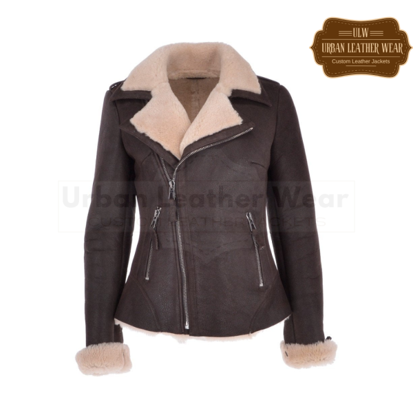 Women shearling leather pilot aviator jacket brown sale