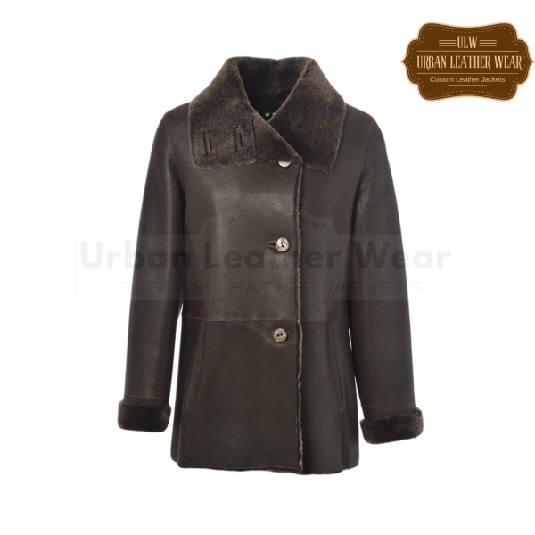 Shearling leather dark brown button down jacket women