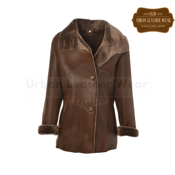 Shearling leather brown button down jacket sale for women