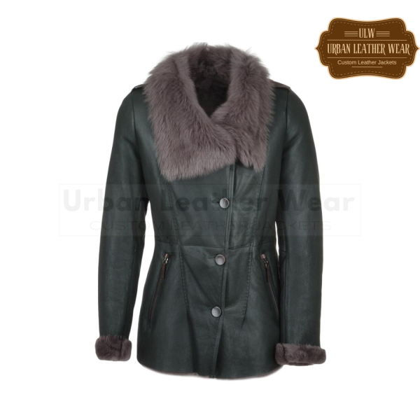 Shearling leather green button down jacket sale for women