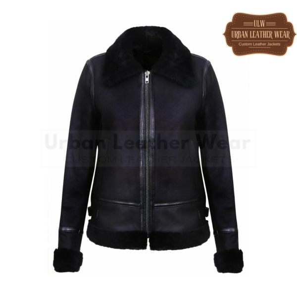 Women Shearling Pilot Leather Biker Jacket (Black)