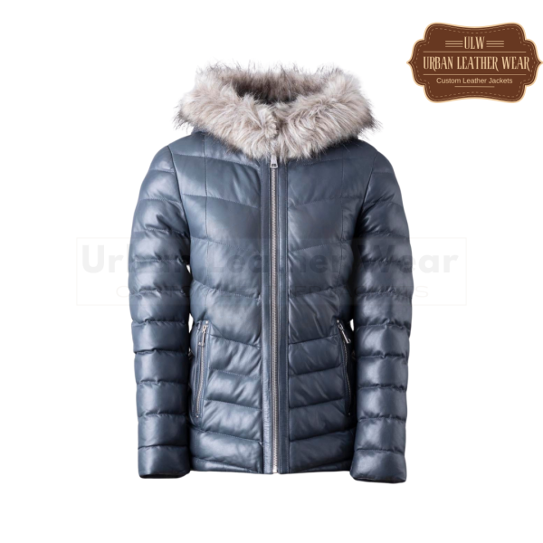 Men Padded Leather Coat in Navy